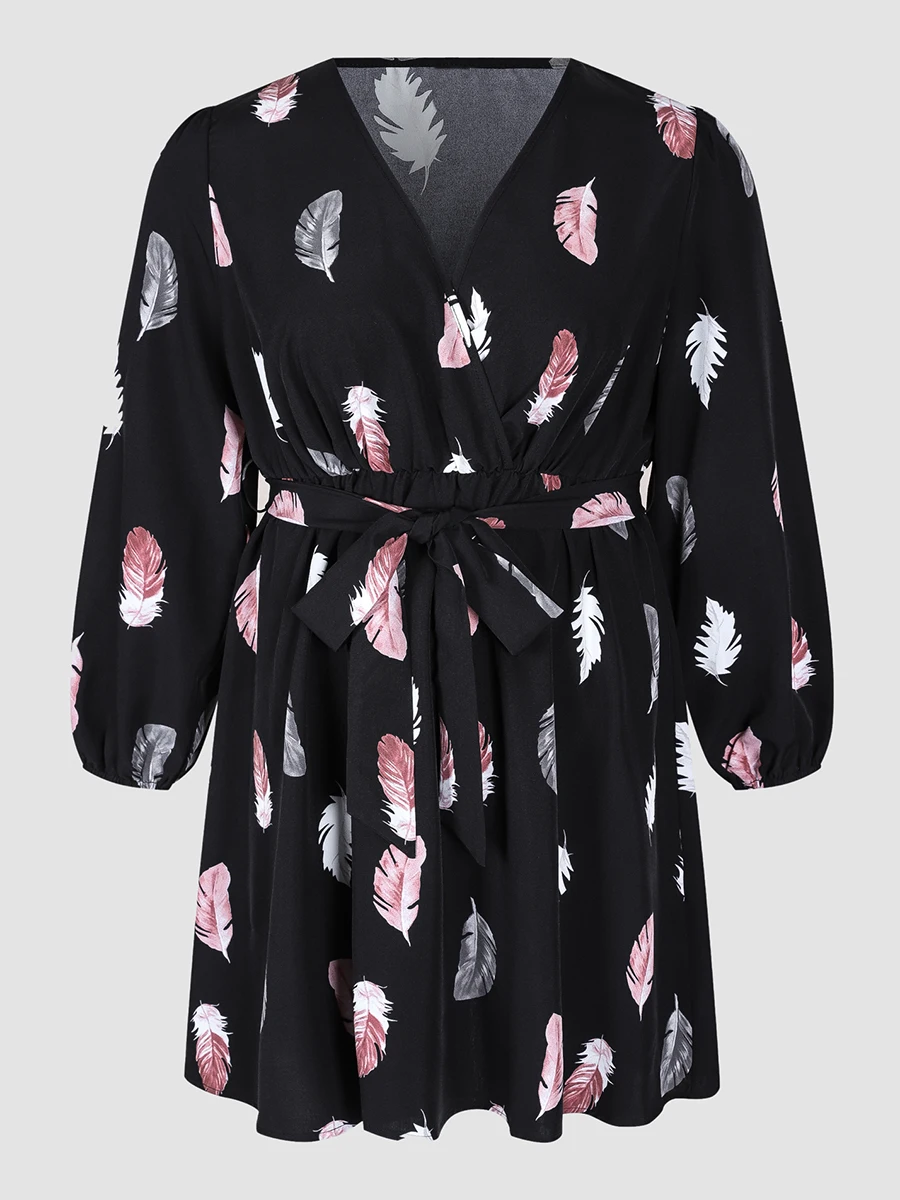 

Finjani Dress For Women Plus Size Pop Feather Print Party Dress Tie Waist V-Neck Bow Winter Dresses