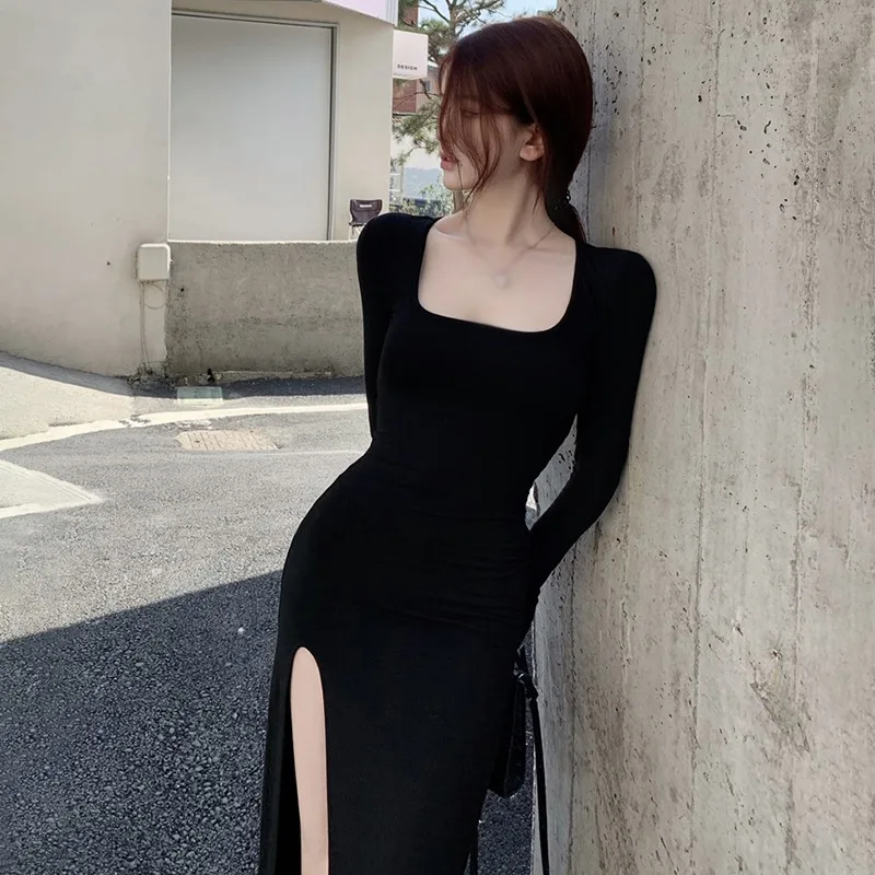 Korean women dress hip wrapping split ends slimming fit mid length