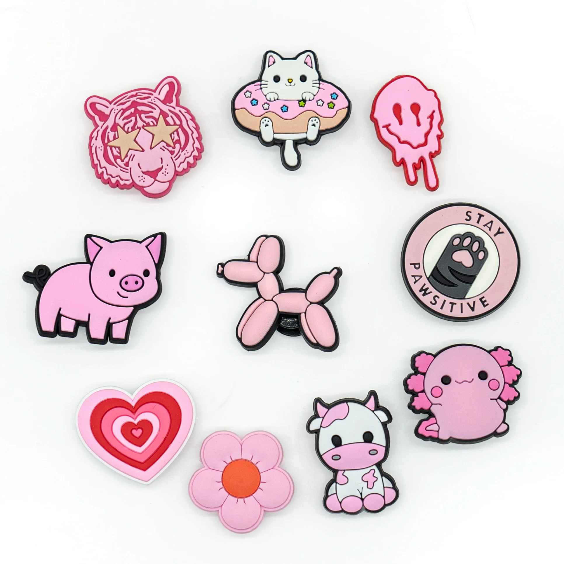1/10 Stück rosa Schuhanhänger für Frauen, süße Katze, Hund, Kuh, Schwein, Tiger, Salamander, Schuhzubehör, Blumenliebe, Schuhclips, Dekorationen