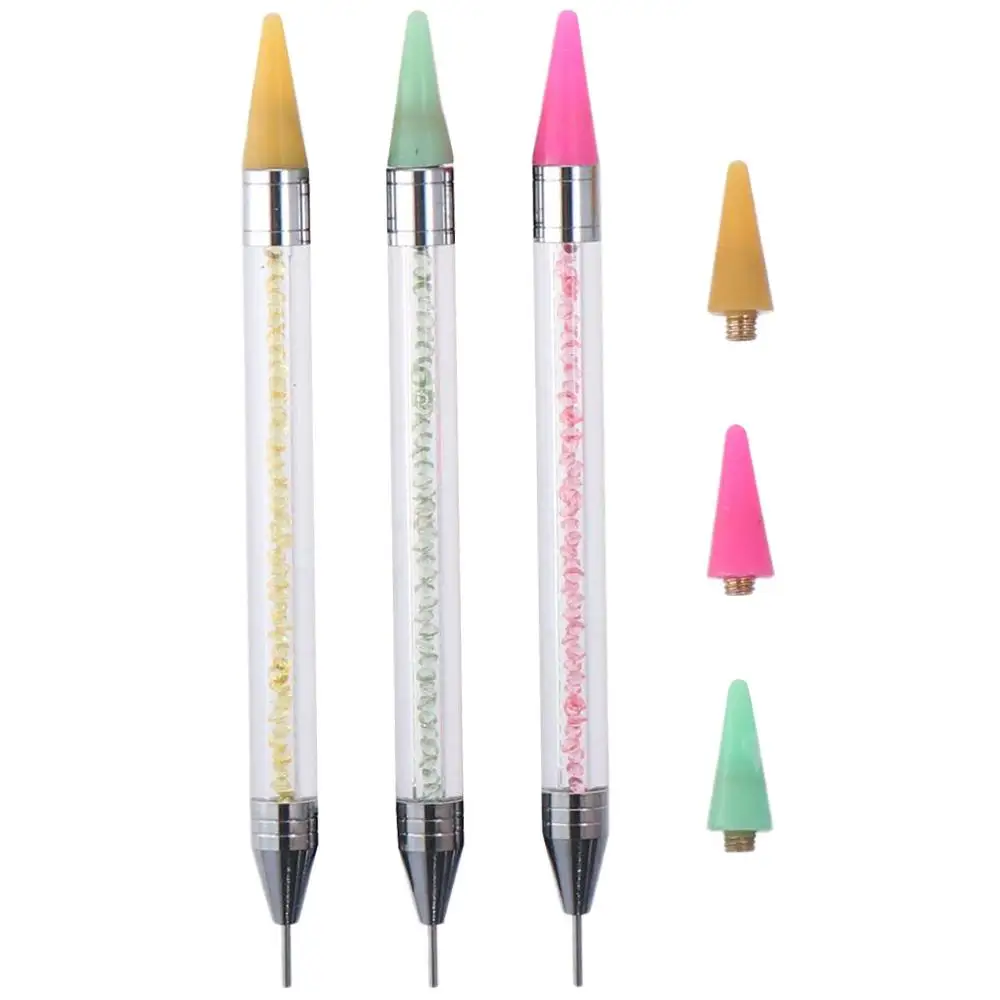 

3pcs Acrylic Wax Pencils with 3 Wax Tips Pink, Yellow, Green 14.5*0.8cm Double Head Rhinestone Picker