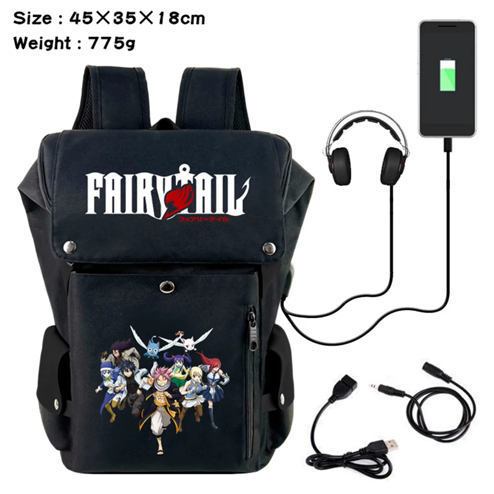 

Anime Fairy Tail Rucksack Teenagers Backpack USB Charging Knapsack Student Zipper Cartoon Printing Schoolbag Travel Laptop Bag