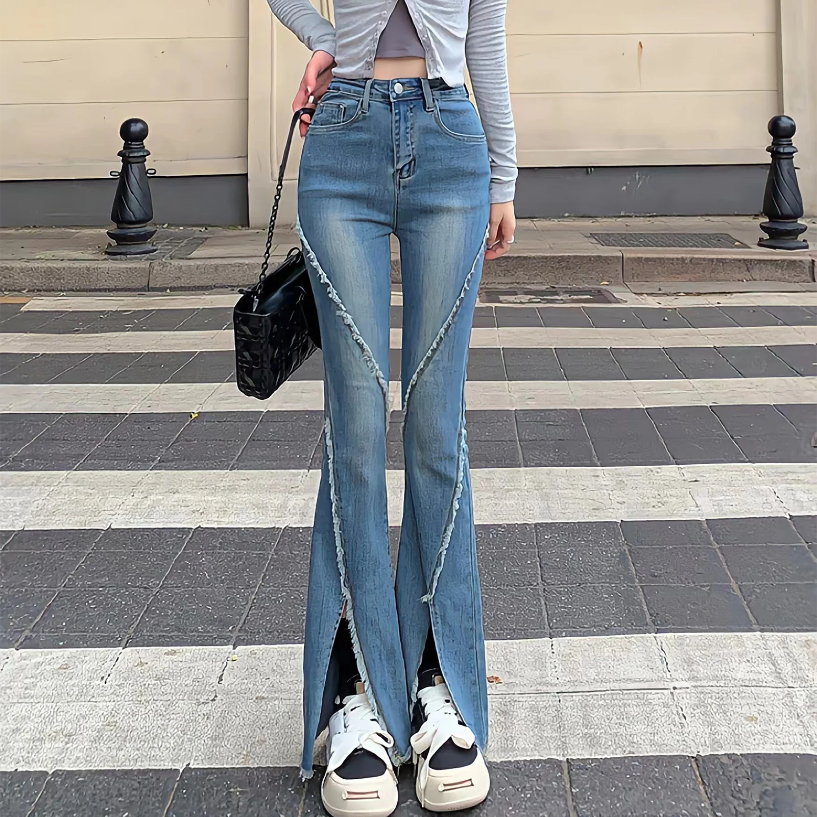 Korean Dongdaemun 2023 Y2k Slit Raw Edge  Flared High Waist Jeans Womens  Elegant Chic Retro High Street Fashion Wide Leg Pants