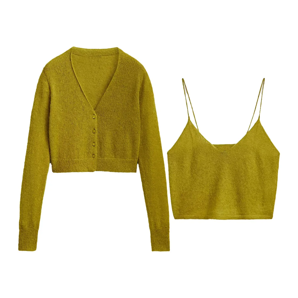 

Women 2023 Autumn New Fashionable All-match Knitted Two-piece Set Retro Long Sleeve Chic V-neck Button Cardigan Strap Top Mujer