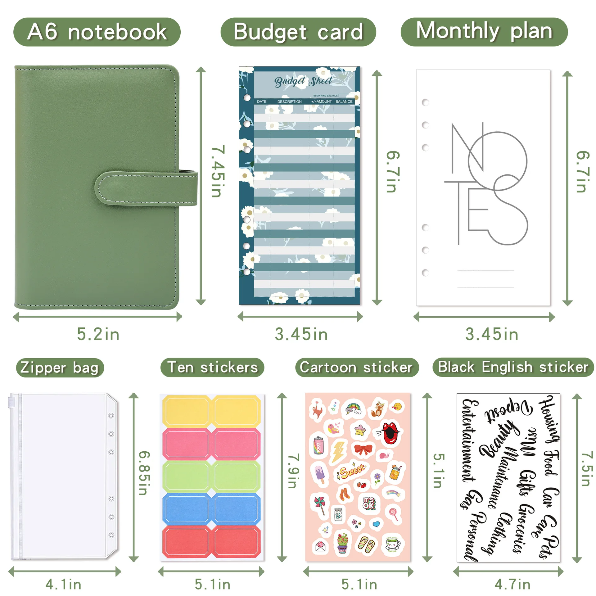 A6 Binder Budget Planner Notebook Covers Folder A6 Size 6 Hole Binder Pockets Plastic Binder Zipper Money Saving Envelope 5