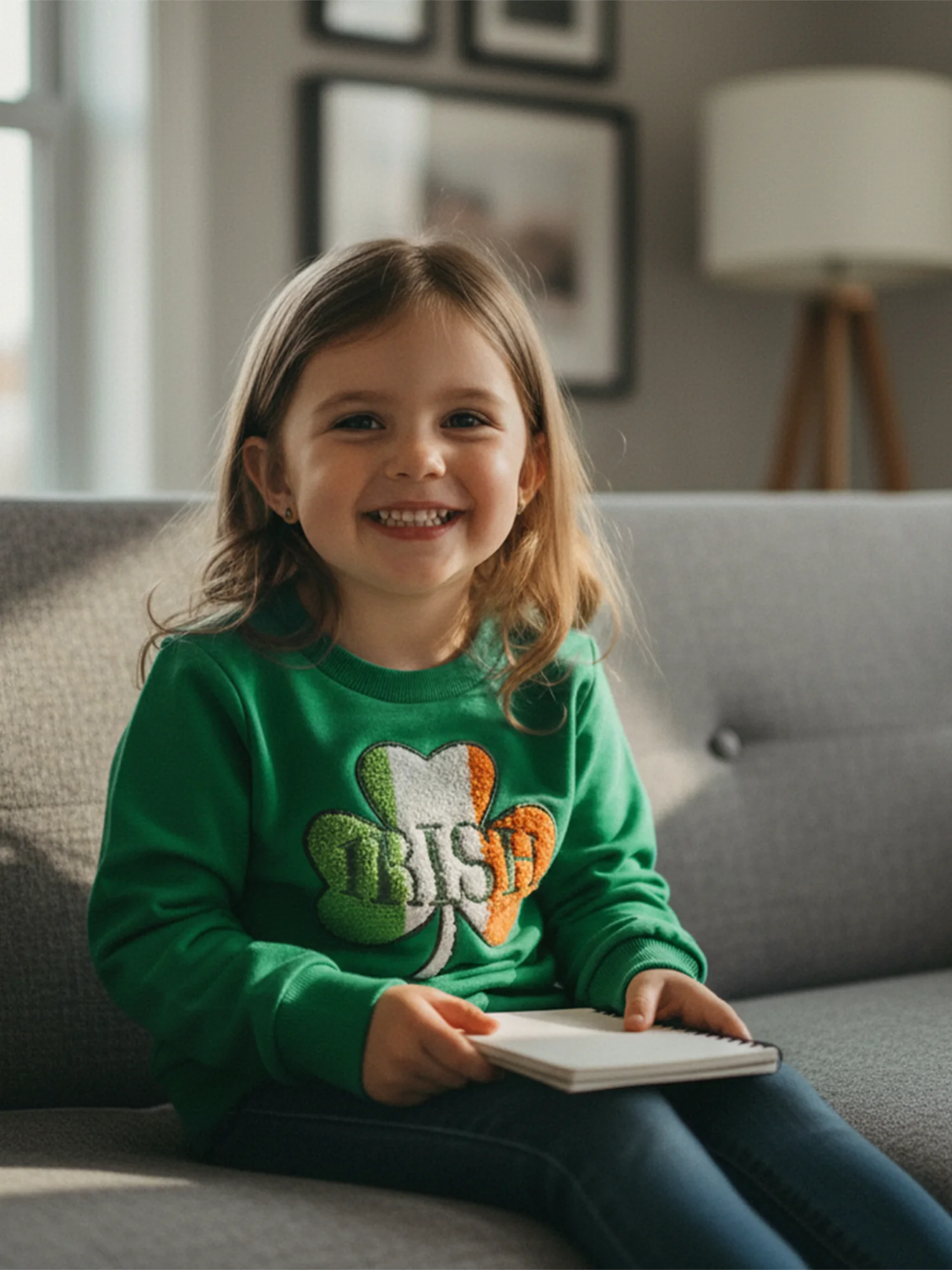 Girls St Patrick s Day Shamrock Hoodies Long Sleeve Crew Neck Embroidered Pullover with Four Leaf Clover Design