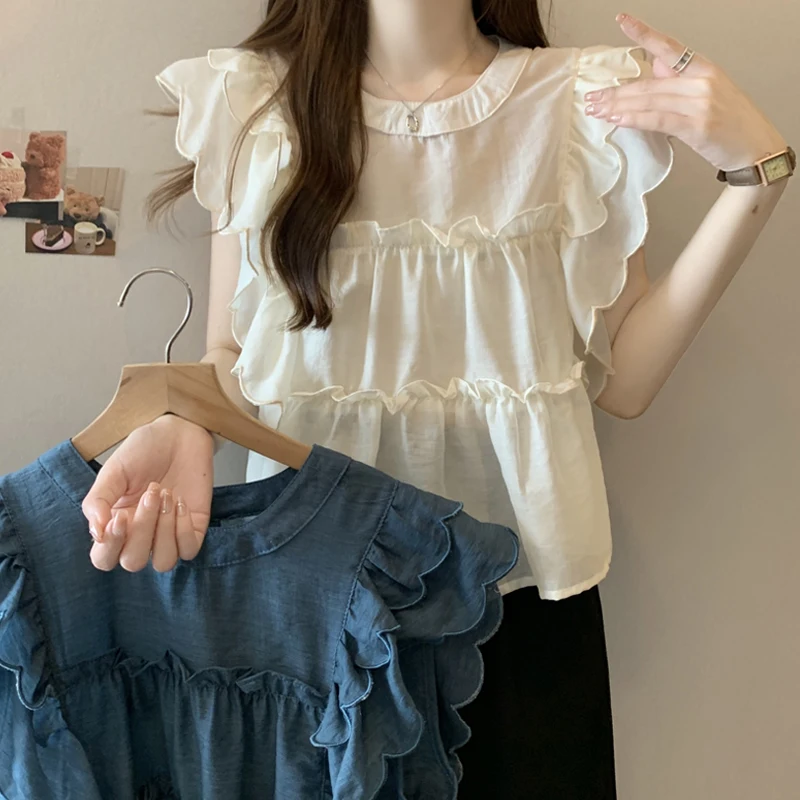 

Summer Double Layer Ruffled Stitching Blouse Women Sleeveless Top Chiffon Shirt 2023 O Neck Loose Woman Casual Embroidered 27907