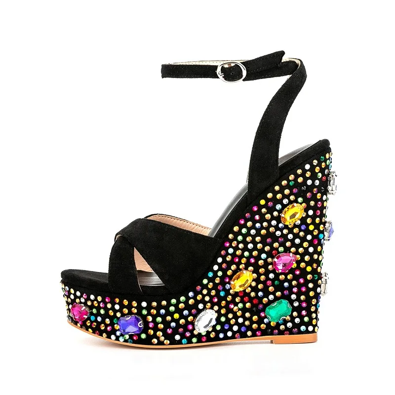 

Summer new fashion fish-mouth suede hot drill bohemian sandals waterproof platform high heels daily versatile large women's shoe