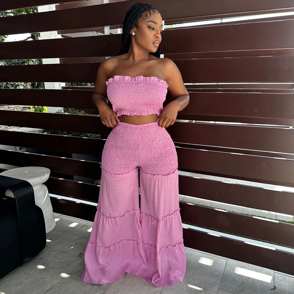 Casual Ruffles Hem Two Piece Set Summer Women Clothings Strapless Stretch Crop Top Wide Leg Pants 2 Pieces Set Streetwear Outfit