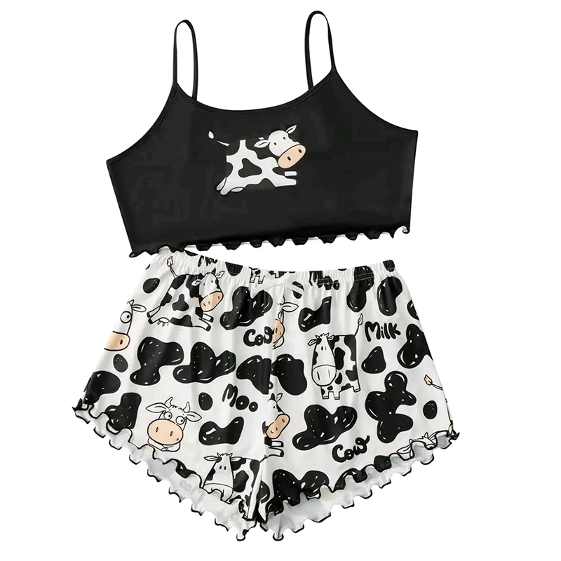 Women's Pajamas Set Sleepwear 2 PCS Camisole And Shorts Sports Cow Cartoon Print Ventilate Soft Casual S M L Black