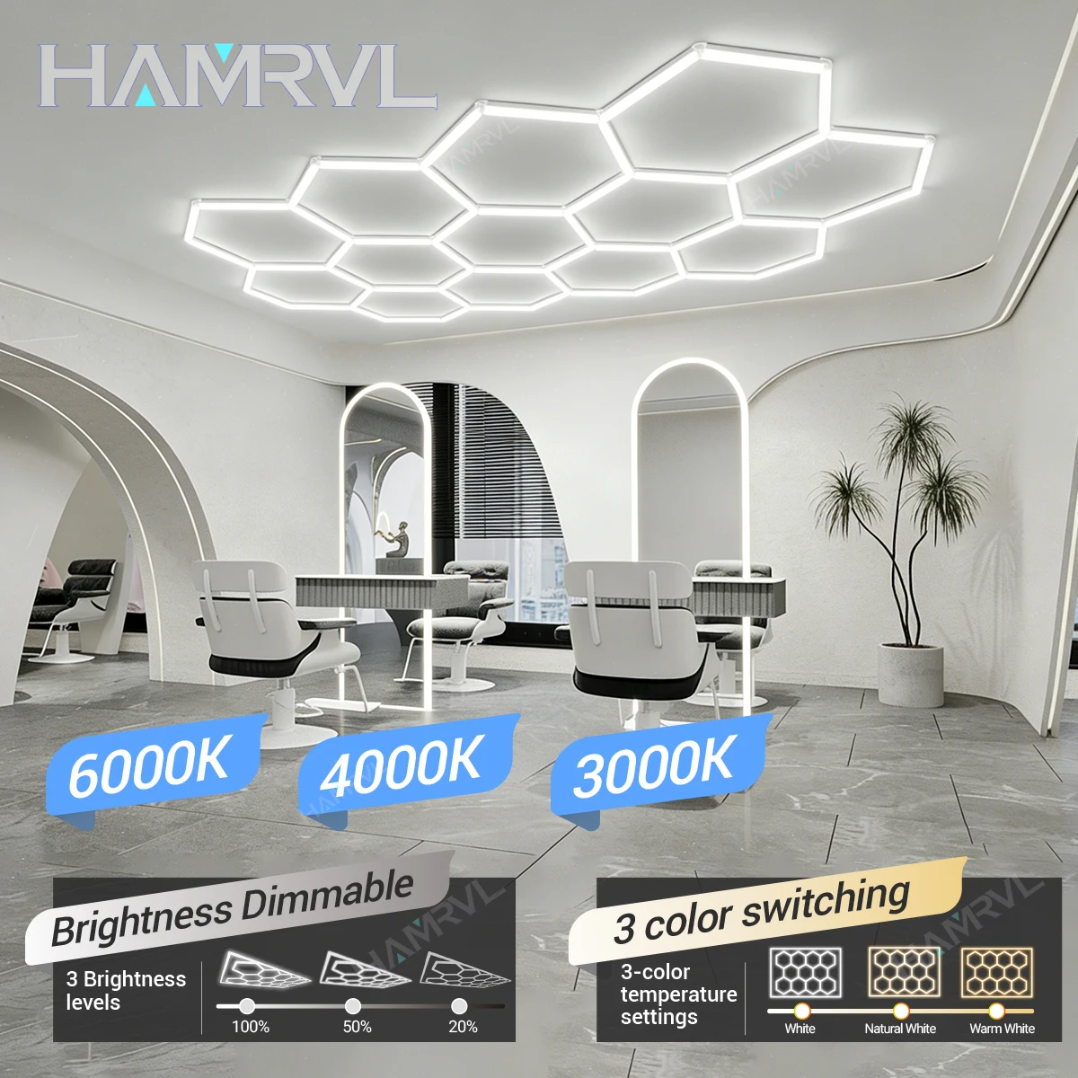 Dimmable Hexagon LED Lighting for Garage BarberShop Ceiling Lights 3 Color Change 3000-6000K Store Gym Workshop Honeycomb lamp