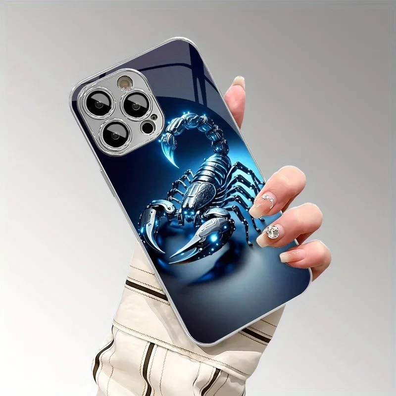 Luxurious Blue Light Metallic Scorpion Pattern Glass Phone Case
