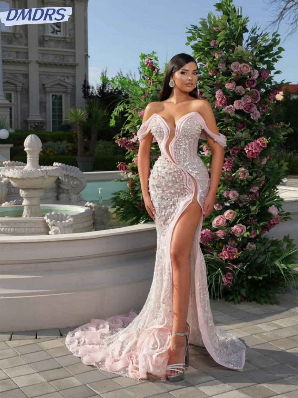 

Graceful Off The Shoulder Prom Dress Sparkly Sequins Pearls Cocktail Dresses Luxury Mermaid Long Evening Gown Robe De Mariée