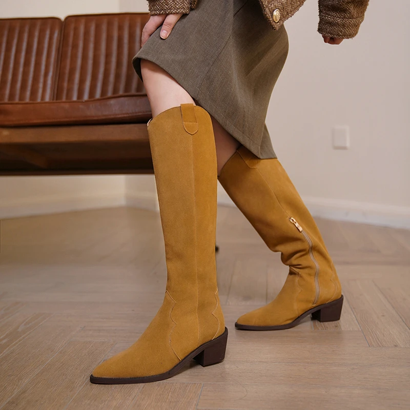 

Демисезонные ковбойские высокие ботинки на среднем каблуке, зимние ботинки, ковбойские ботинки из коровьей замши, повседневная женская обувь в британском стиле без застежек