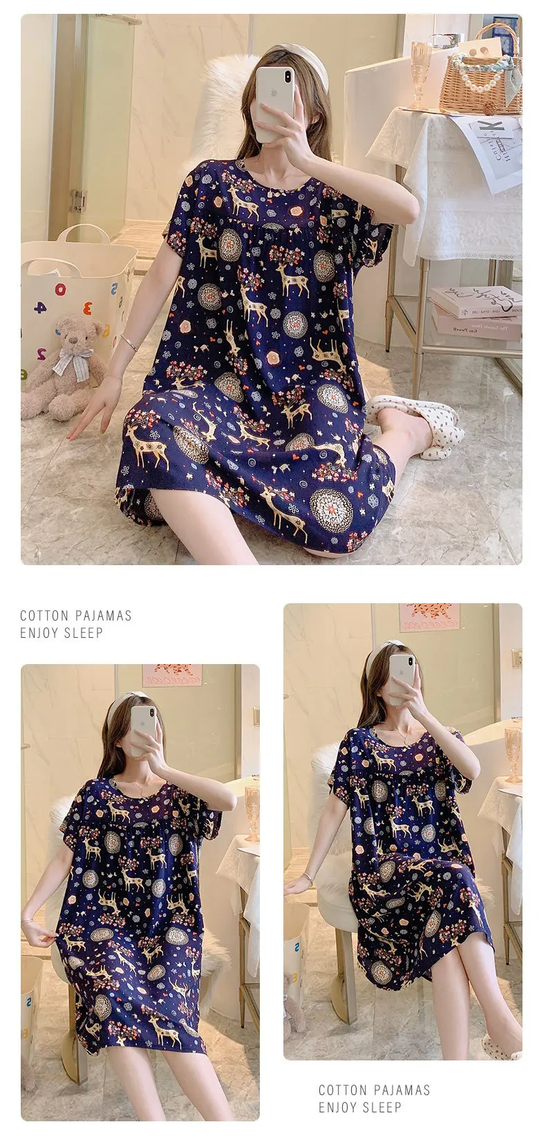 Summer Cotton Silk Nightgown Women's Home Wear Short-Sleeved Cartoon Print Pajamas Burst Large Size Spring and Autumn Home Wear