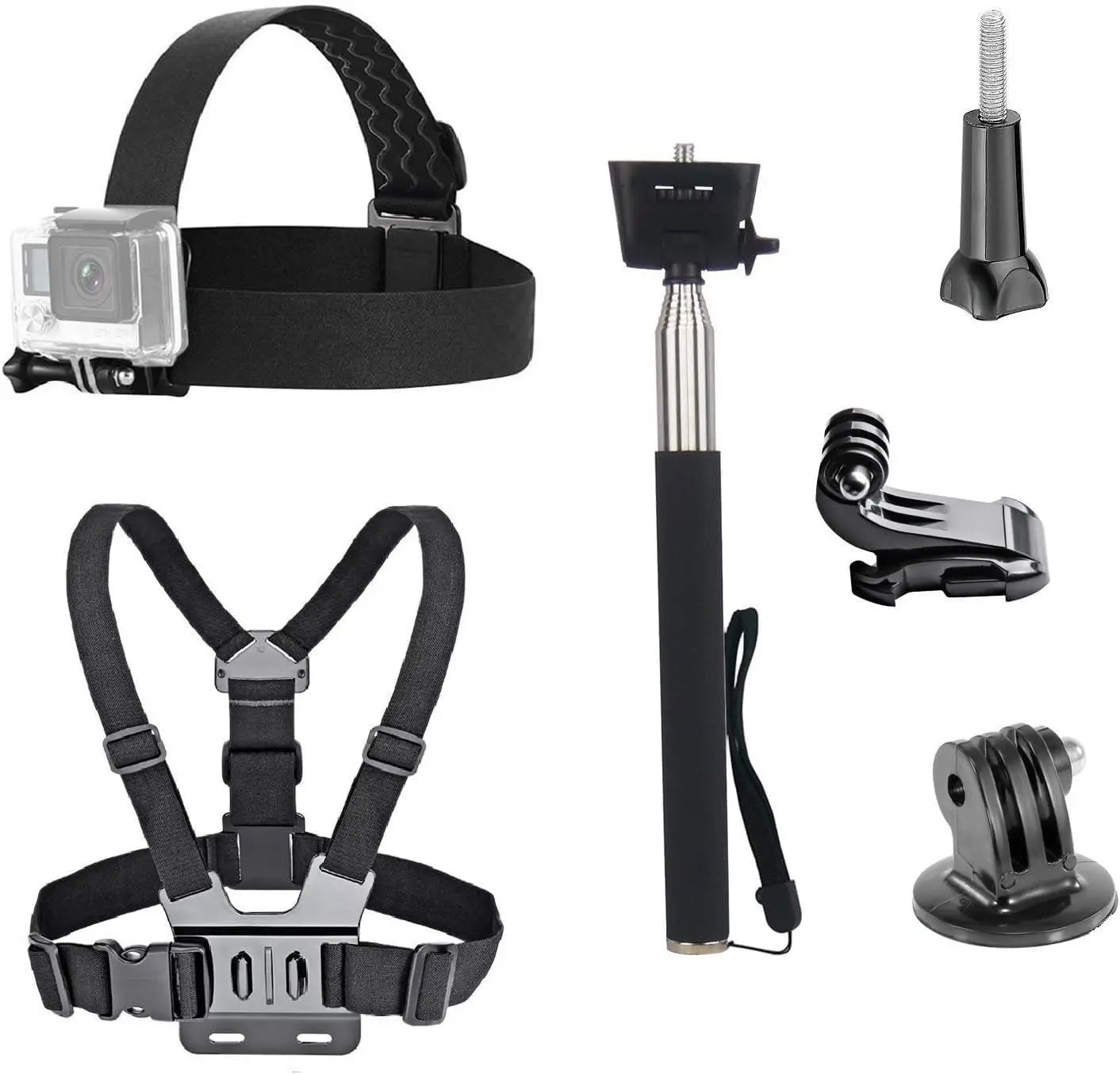Kit Accessoires GoPro Universel : Support Tête, Harnais Poitrine, Perche Selfie