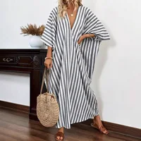 Autumn women striped print V-neck loose casual stylish half-sleeved ankle dress for women's outdoor vacation style elegant dress
