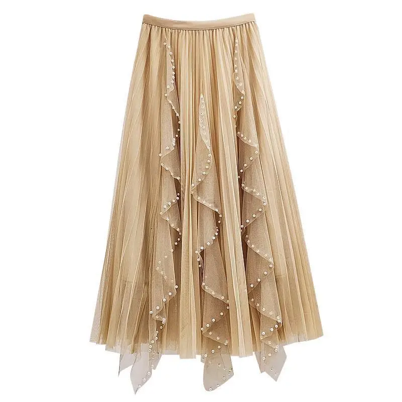 Mesh skirt winter pin bead skirt women spring new pleated long mesh big swing skirt hot vintage bandage skirts Casual