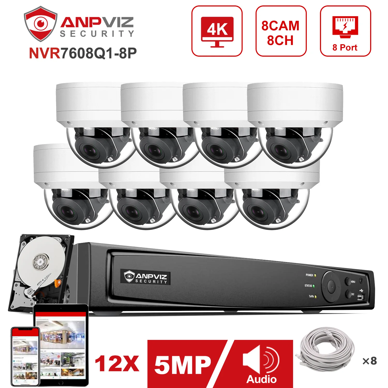 Anpviz 8CH 4K NVR 4/6/8pcs 5MP IP PTZ 12X Zoom Camera POE IP Security System Kit Audio IP Camera Indoor/Outdoor P2P IP66 IR30m 1080p full hd security camera system 8 4 channel dvr recorder 2 4 6 8pcs 2mp outdoor indoor ahd kit stree video surveillance set