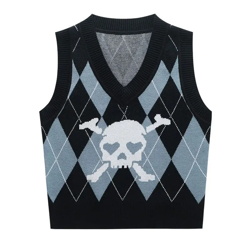 90S Gothic Skull Print Y2K Sweater Vest Harajuku Punk Sexy V Neck Sleeveless Copped Tops Grunge Autume Winter Women Knitted Tops