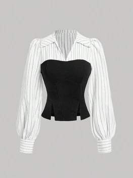 Women's Fashion Striped Spliced Lapel Shirt Elegant Fashion Style Business Casual Office Wear