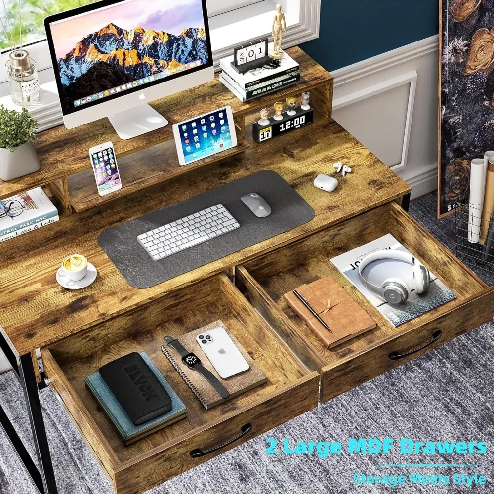 47" Home Office Desk With Monitor Shelf Gaming  Work Desk Study Desk for Bedroom Computer Table Rustic Brown Furniture 3