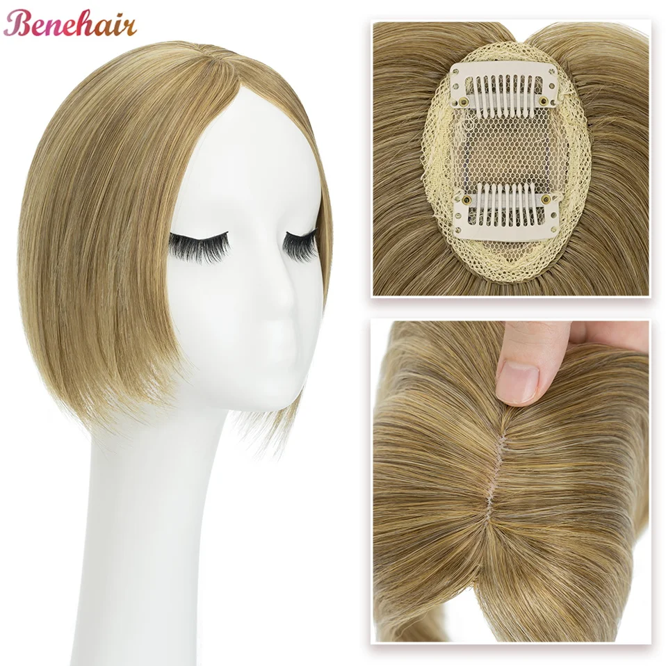 Benehair 여성용 합성 헤어 토퍼, 스트레이트 2 클립, 중앙 부분 헤어피스, 블랙 다크 브라운 금발 클립, 헤어 익스텐션..