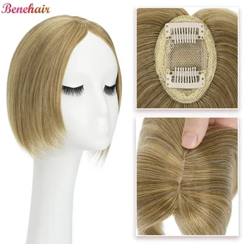 Benehair Topper per capelli sintetici 7,5x5 cm dritto 2 clip parte centrale parrucchino per le donne pezzi di capelli superiori clip nelle estensioni dei capelli