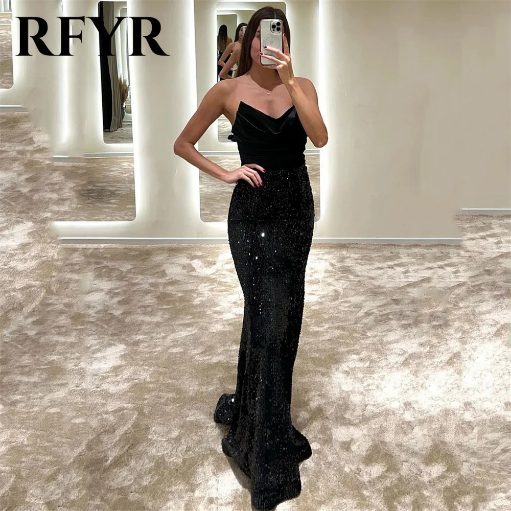 

RFYR V Neck Sleeveless Evening Dresses Black Sexy Prom Dresses Sequined Sweep Train Formal Dinner Dresses Stain robes de soirée