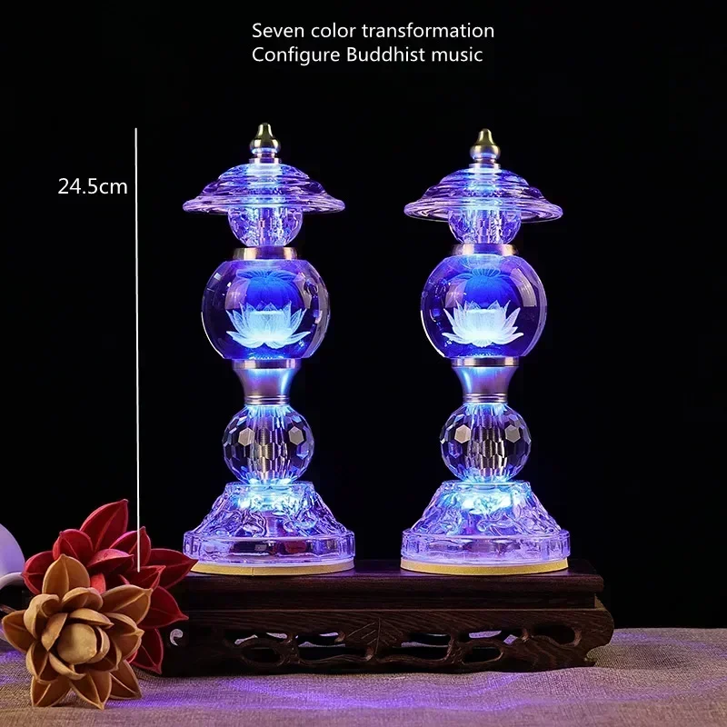 Household LED Crystal Ball Glass Lotus Lamp, Buddha Offering Lamp, Prayer, Feng Shui, Eternal Light of Buddha Hall, Tools