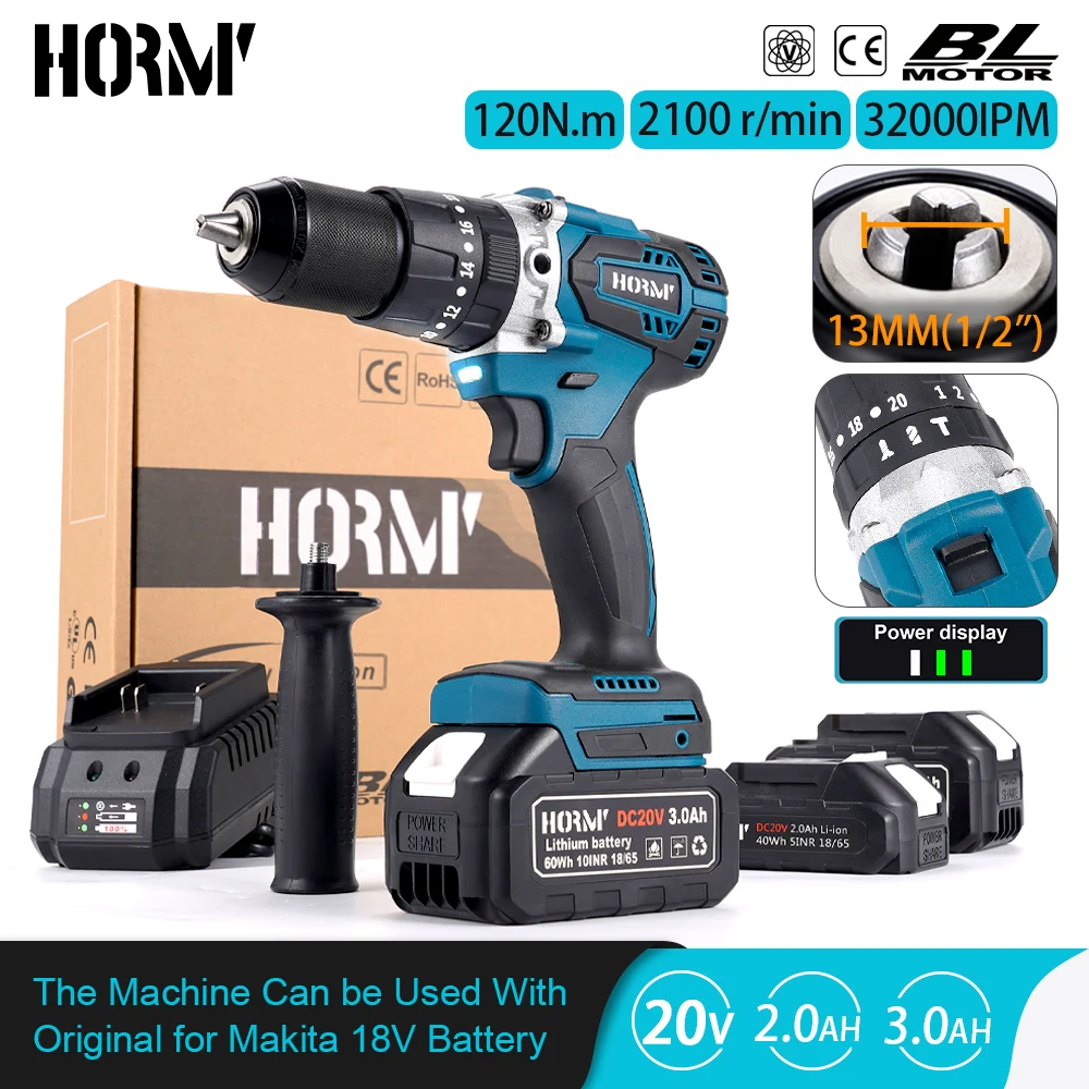 

20V Brushless Electric Impact Drill 98N. m 3 in 1 Electric Screwdriver with Handle Electric Hammer Power Tool For Makita Battery