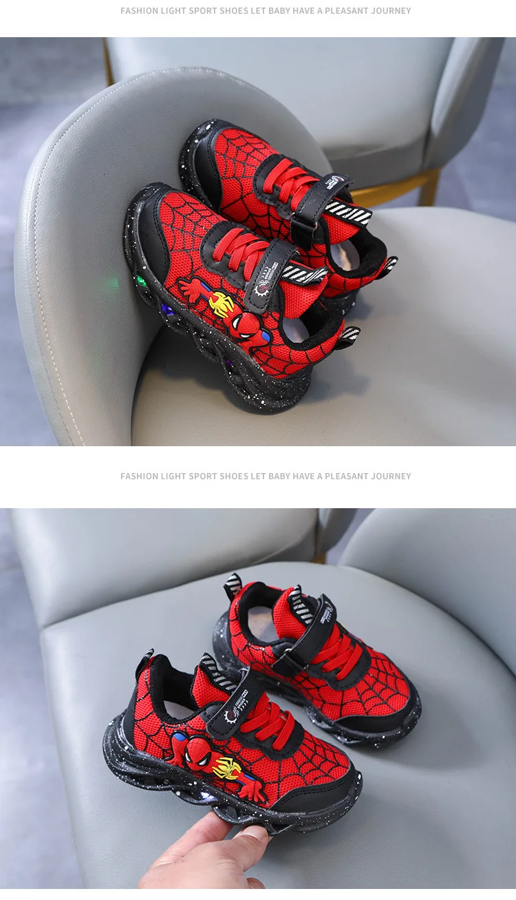 S4696ebbd0a3d4941a9aee478579edd8fI Disney LED Casual Sneakers Red Black For Spring Boys Spiderman Mesh Outdoor Shoes Children Lighted Non-slip Shoes Size 21-30