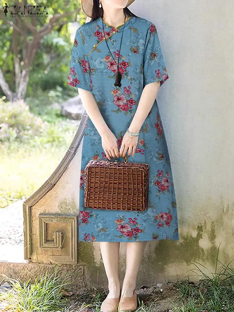 ZANZEA 여성용 홀리데이 레트로 미디 원피스, 반팔, 루즈한 캐주얼 드레스, 스탠드 칼라, 꽃 프린트, 빈티지 베스티도, 2024 여름
