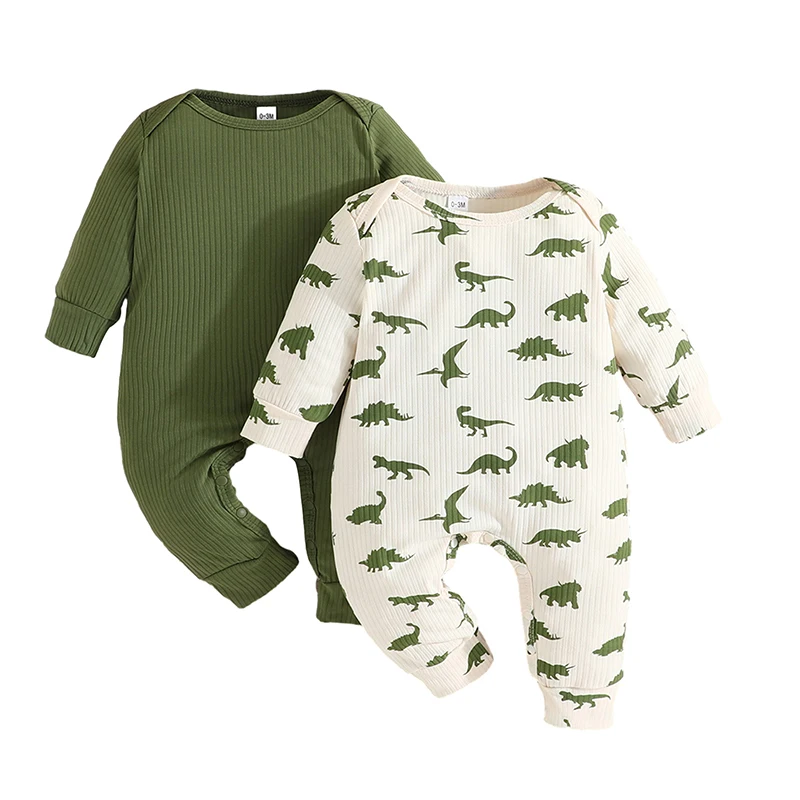 

Baby Boy 2 Pack Long Sleeve Jumpsuit Newborn Ribbed Solid Dinosaur Print Bodysuit Newborn Coming Home Outfit