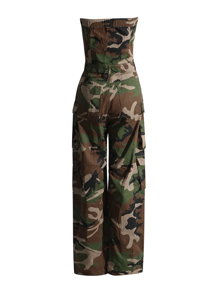 CHICEVER Fashion Camouflage Jumpsuits For Women Strapless Sleeveless High Waist Streetwear Colorblock Cargo Jumpsuit Female 2023