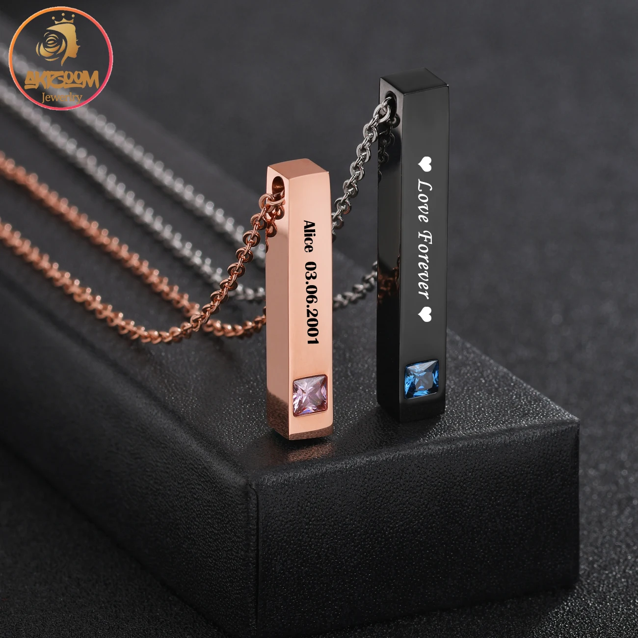 Akizoom Engraved Vertical Bar Name Necklace for Couple Custom Mental Stainless Steel Personalized Blue Pink Stone Women Jewelry