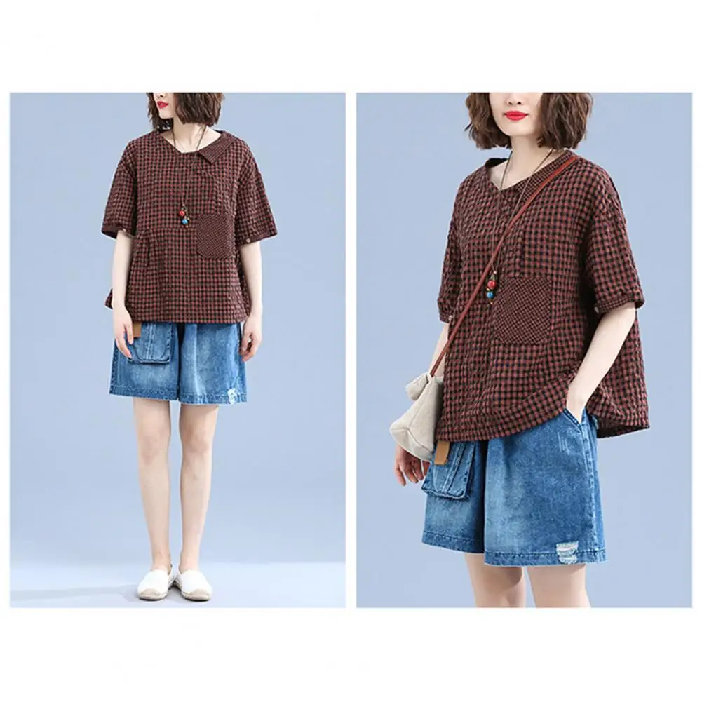 

Футболка женская с V-образным вырезом, стильная клетчатая рубашка с принтом, с V-образным вырезом, с карманами, свободного кроя, с коротким рукавом, уличная одежда, на лето
