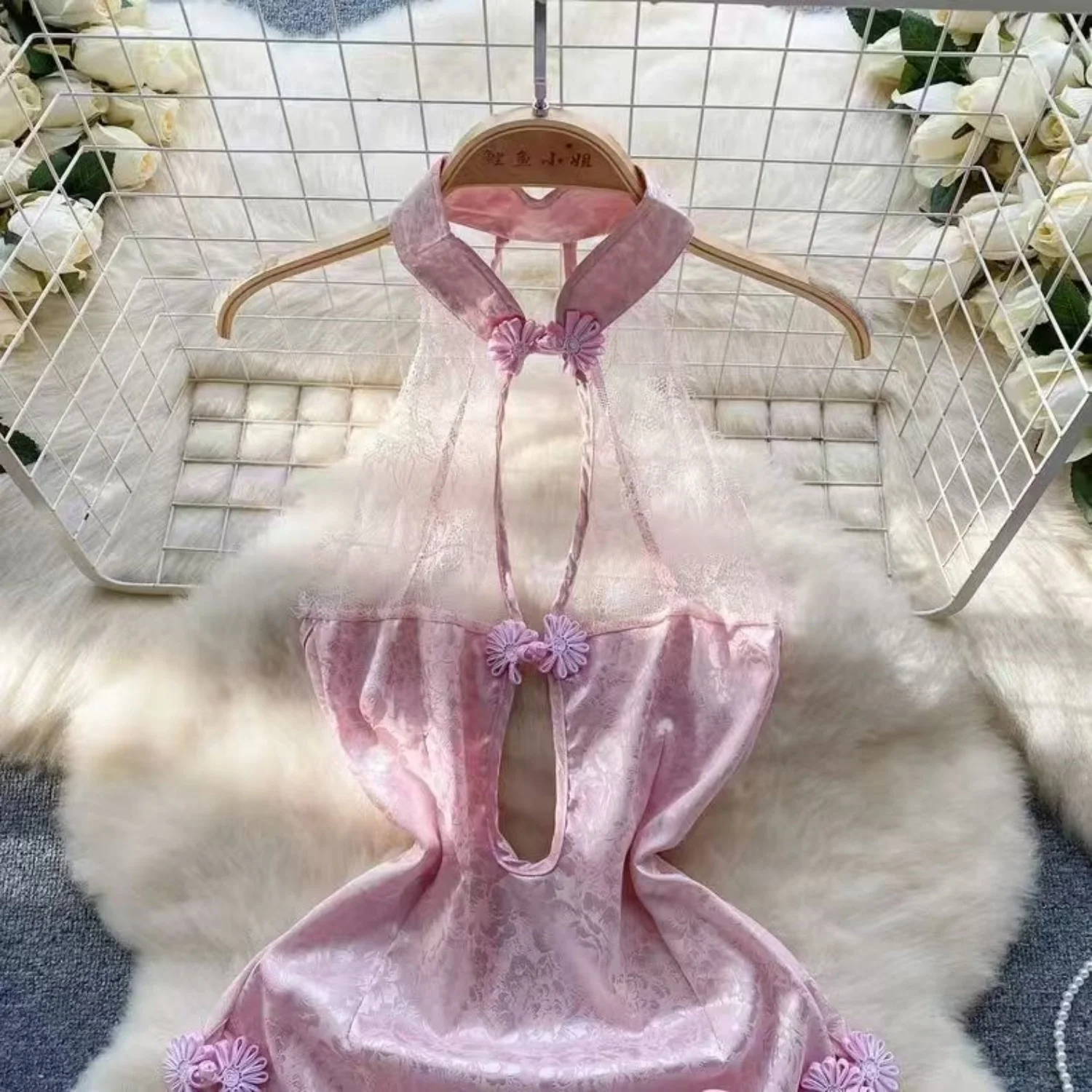 Hollow Out Sexy Women's Qi Pao Pink Mini Dress Lace Up Lady Halter Short Dress Erotic Lingerie Slim Bodycon Sleep Dress Pajamas