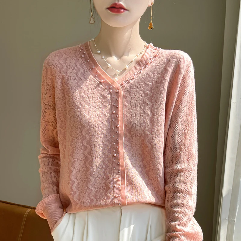2024 Women's Sweater Hoodie Knitted Cashmere Sweater Autumn/Winter Women's Lace Sweater Basic Solid Color Cashmere Top 3