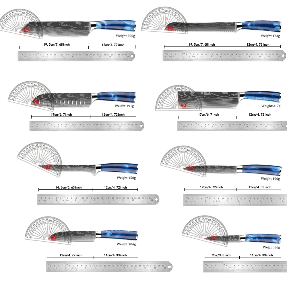 XITUO 1-8Piece Kitchen Knife Set Blue Resin Handle Chef Knife Paring Knife Boning Santoku Razor-Sharp