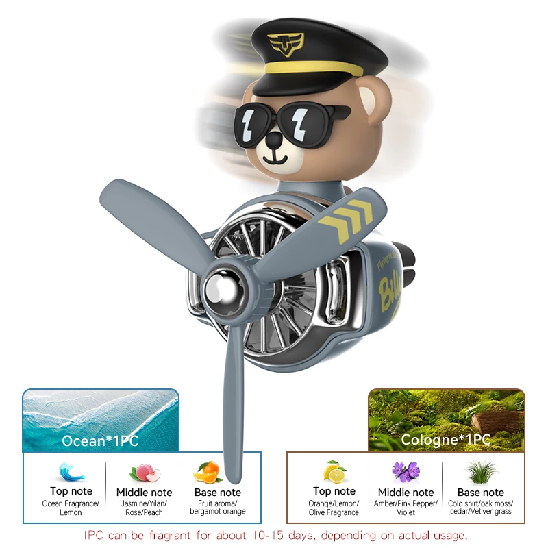 Rotating Bear Pilot Airplane Fan Vent Clip Air Freshener and Interior Decor Aroma Diffuser