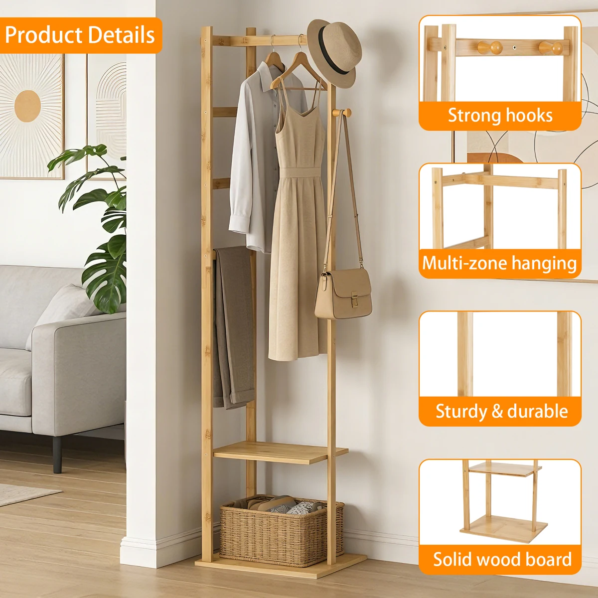 Bamboo Corner Coat Rack Stand Hall Tree Entryway Clothing Organizer Eco-Friendly Storage for Living Room Bedroom — view 6