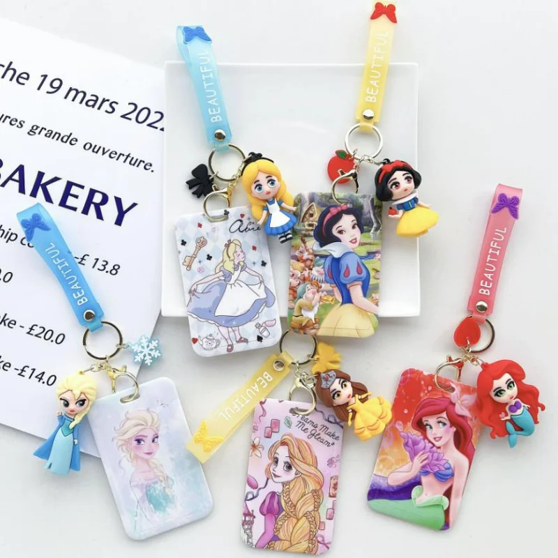 

Disney Princess Card Holders for Girl Mickey Mouse Frozen Princess Elsa Model Doll Keychain Bus Card Holders Silicone Badge Clip