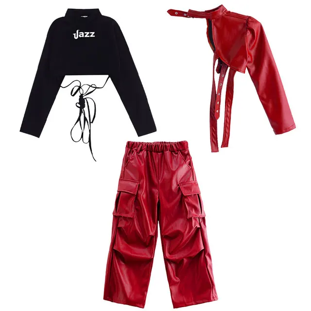 Kid Hip Hop Clothing T Shirt Crop Top Wine Red Arm Sleeve Faux Leather Casual Cargo Pants for Girl Jazz Dance Costumes Clothes - Image 5