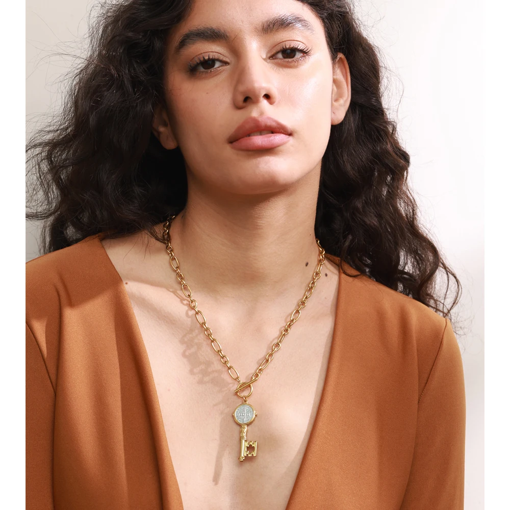 Yhpup Stainless Steel Double-Sided Lock Pendant Necklace 18K PVD Plated