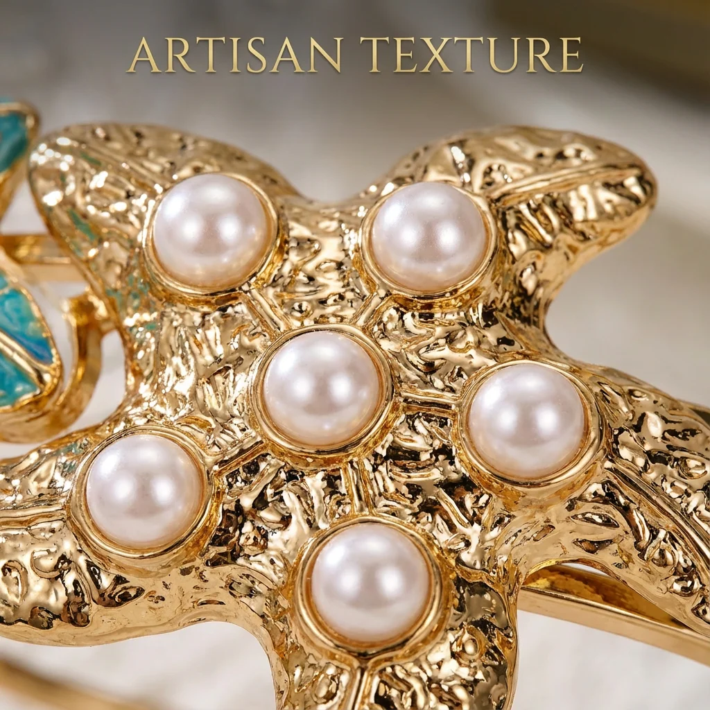 Design Sense Farbenfroher Seestern-Armreif für Damen Elegantes Imitat-Perlen Seestern-Manschettenarmband Sommer Ozean Schmuck – Detail 2