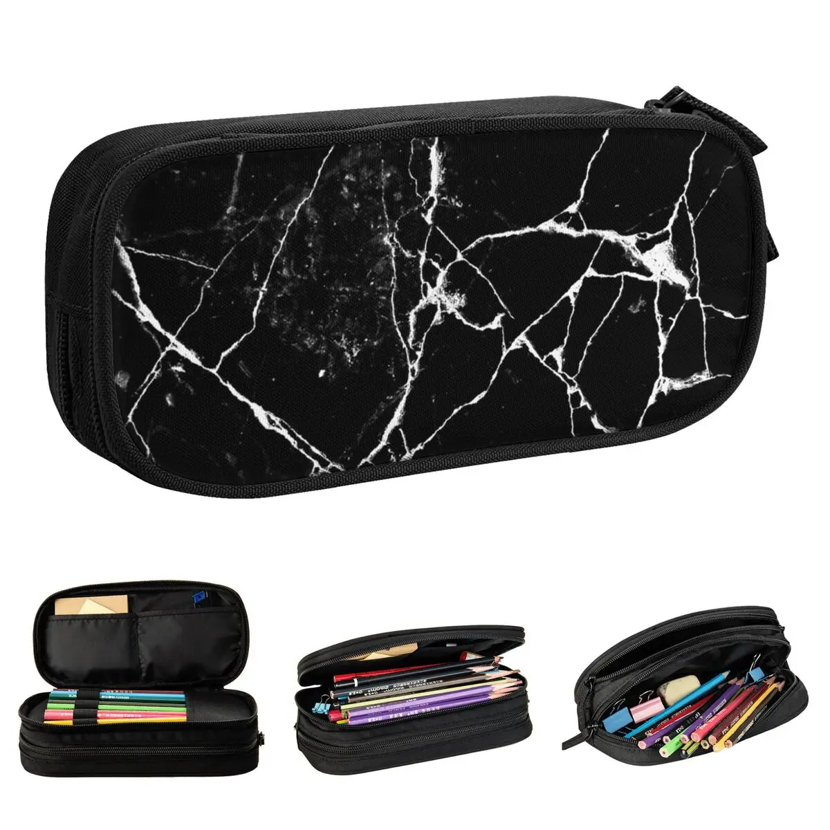 

Black Marble Abstract Background Pencil Cases Creative Texture Pen Holder Bag Student Big Capacity School Supplies Pencil Box