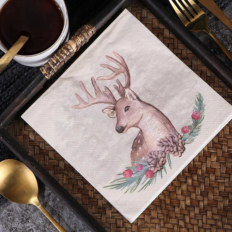 Painted Christmas Series Elk Disposable Printed Napkins Party Tissue Paper Square 10/20pcs 33*33cm