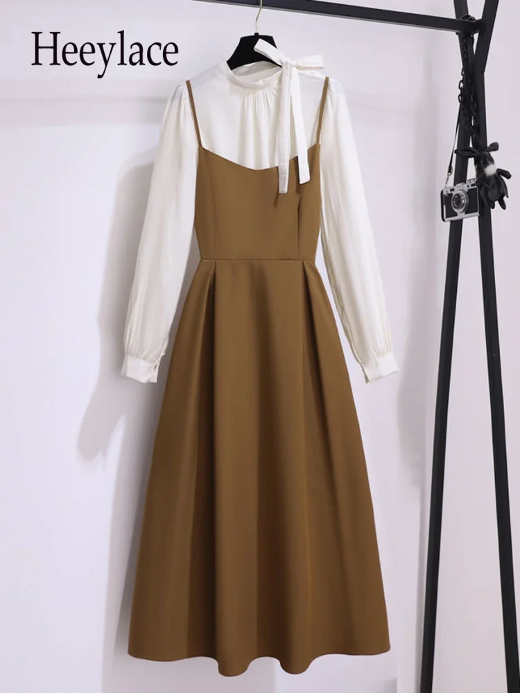 

Autumn Two Piece Sets Womens Outfits Korean Casual Bow Collar Long Sleeve Blouse And Spaghetti Straps High Waist Dresses Set