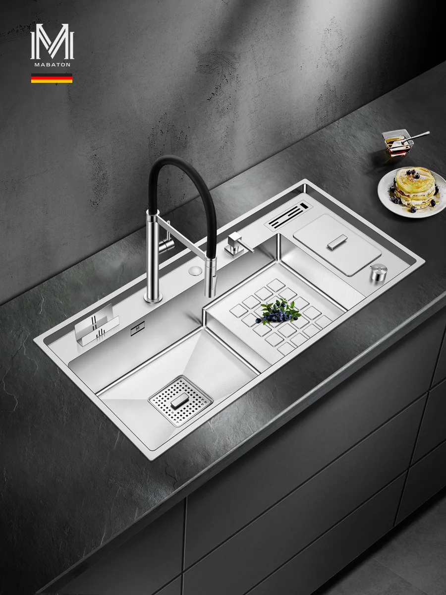 Asras10048j large kitchen step sink with faucet, knife rest and drain plate, thickened 304 stainless steel long  set