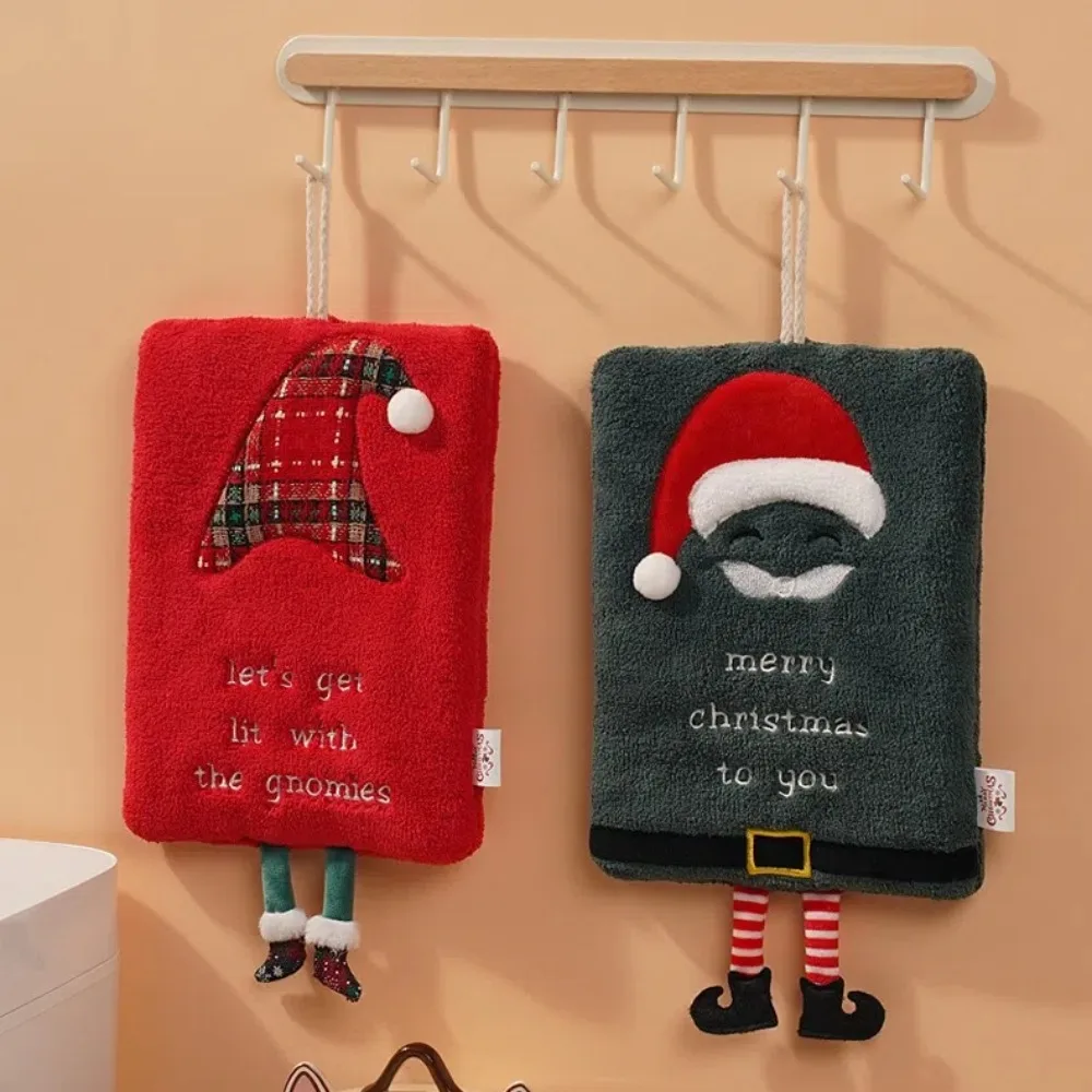 Cartoon Santa Snowman Hand Towel with Hanging Loop Soft Coral Fleece Christmas Decoration for Home Kitchen Gift